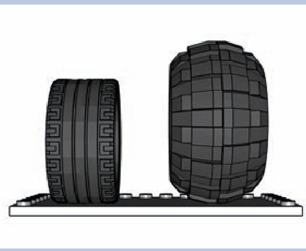 平轮廓小胎纹轮胎（左）与圆轮廓大胎纹轮胎（右）对比