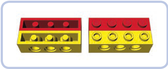 普通乐高砖块（红色）与科技砖块（黄色）对比