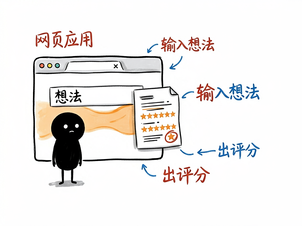 配图：小黑在网页应用窗口输入想法，吐出评分报告