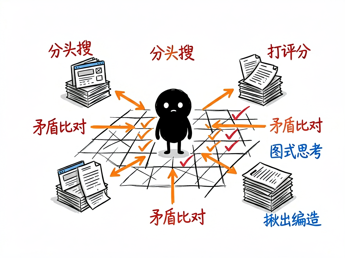 配图：多研究员并行搜索，图式思考给线索打分