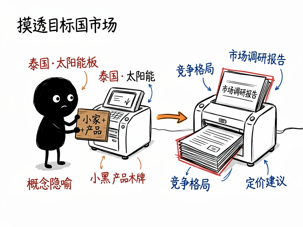 配图：小黑把国家加产品递进机器，吐出市场调研报告