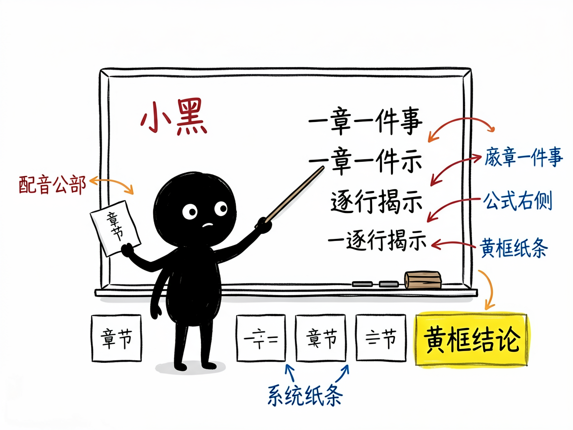 配图：证明拆成章节，公式逐行揭示，黄框标结论