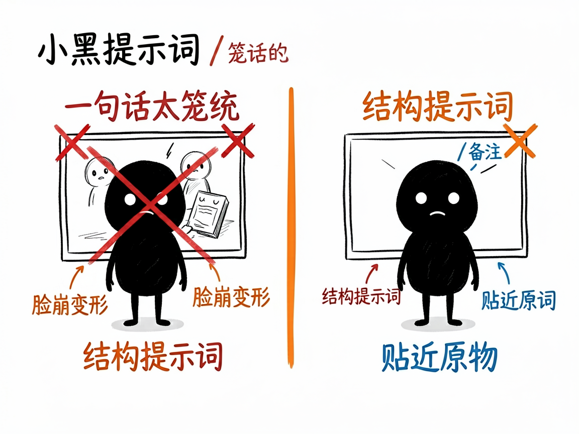 配图:笼统提示词翻车 vs 结构提示词贴近原物