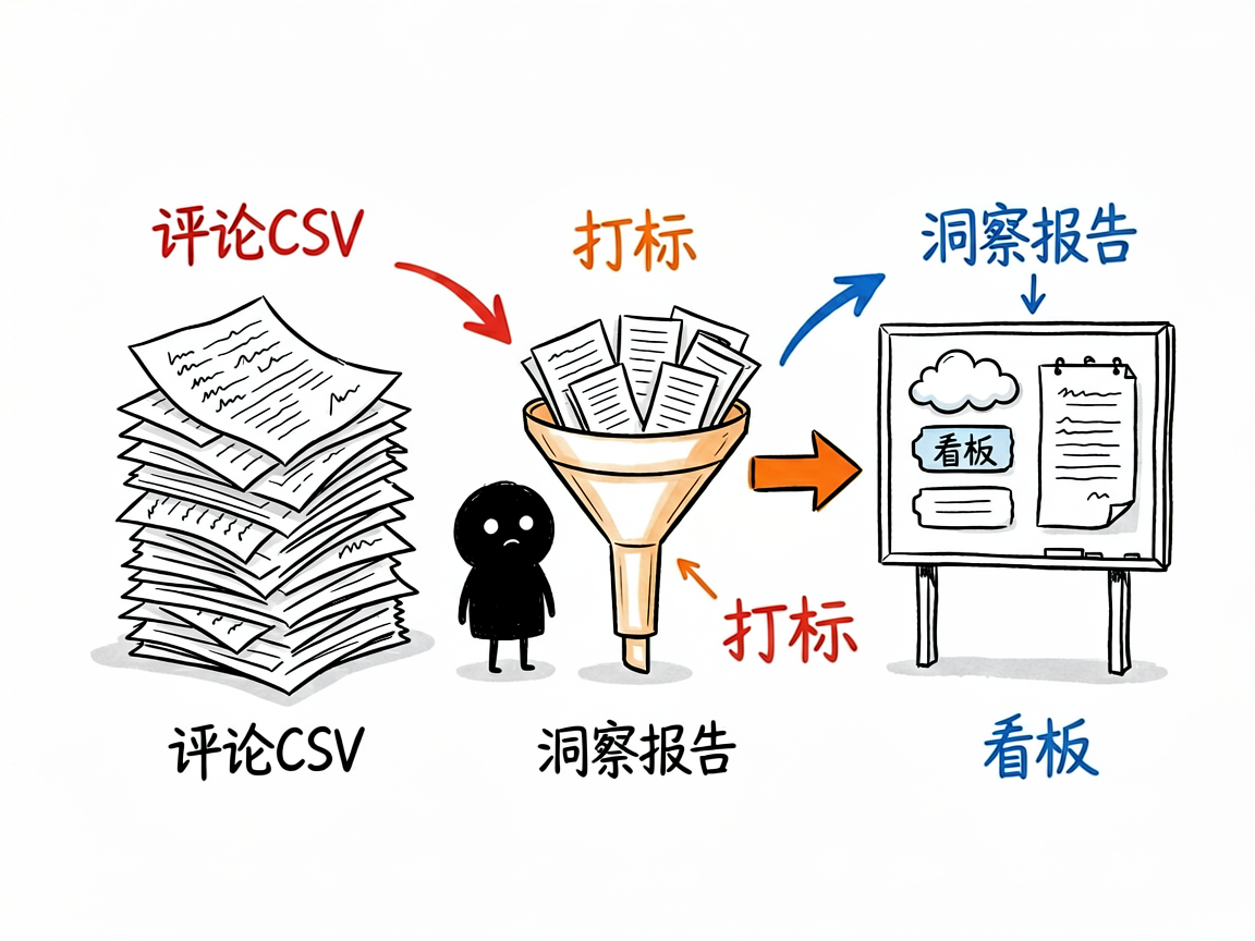 配图：小黑用漏斗把杂乱评论变成标签云、报告和看板