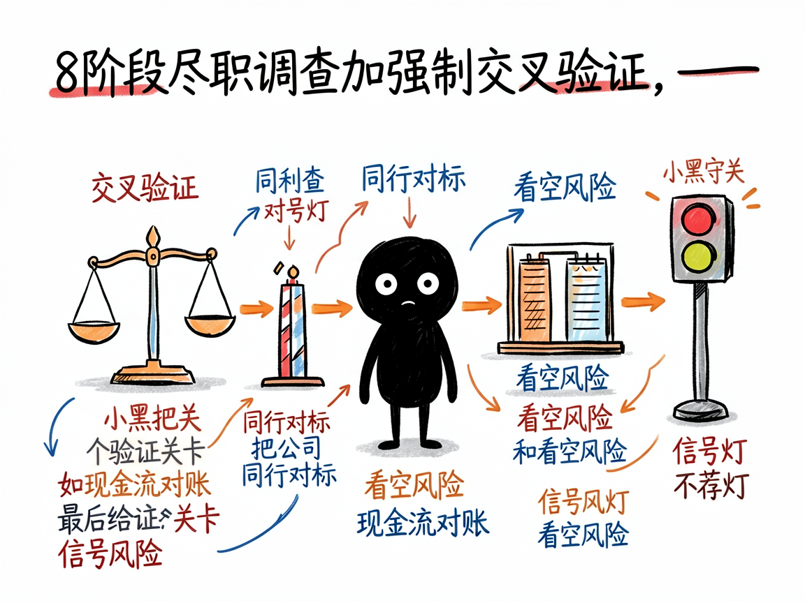 配图：八阶段尽调加交叉验证，末端点亮信号灯