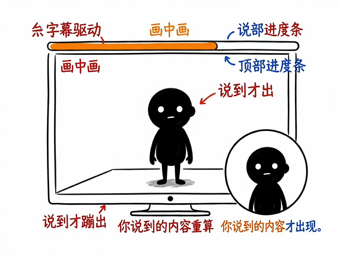 配图：字幕驱动时间线，画中画加进度条