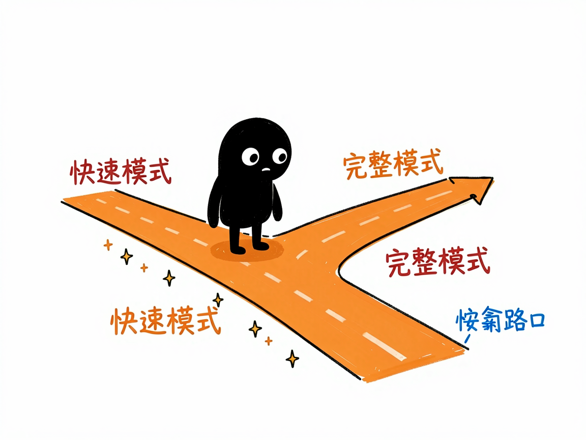 配图：小黑在岔路口选快速或完整两档模式